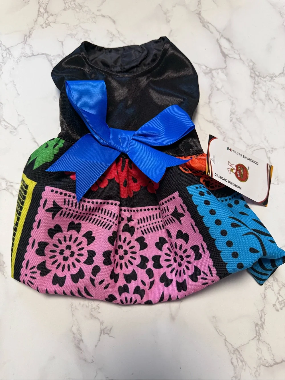 Pet Warrior Dog/ Cat PAPEL PICADO Custome Halloween Dress with Blue Bow.